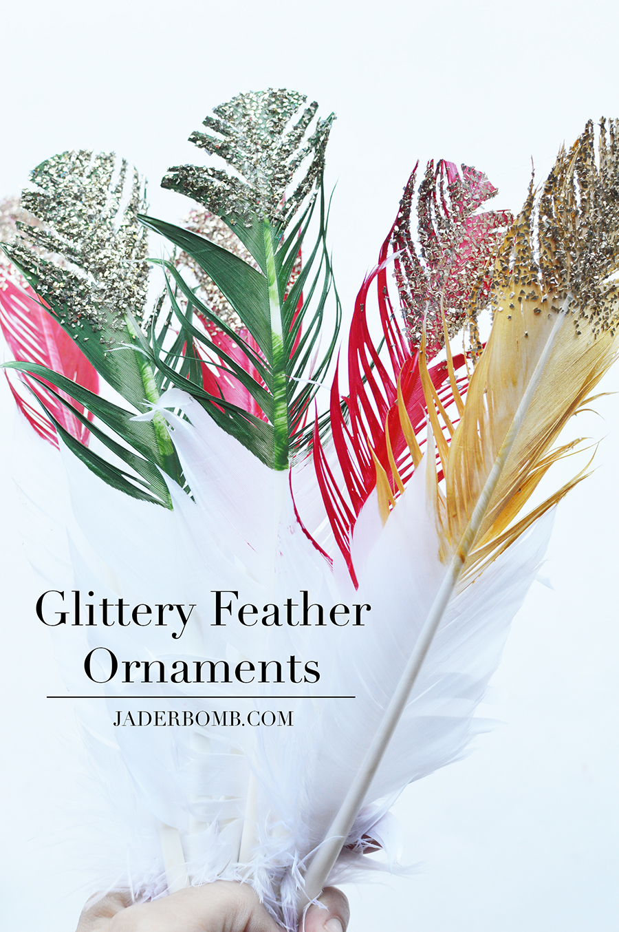 glittery feather ornaments